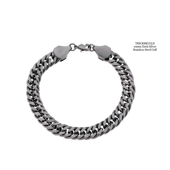 Dark Silver Stainless Steel Figaro Cuff Black Anodized Thick 10mm Chain Bracelet - Picture 1 of 5